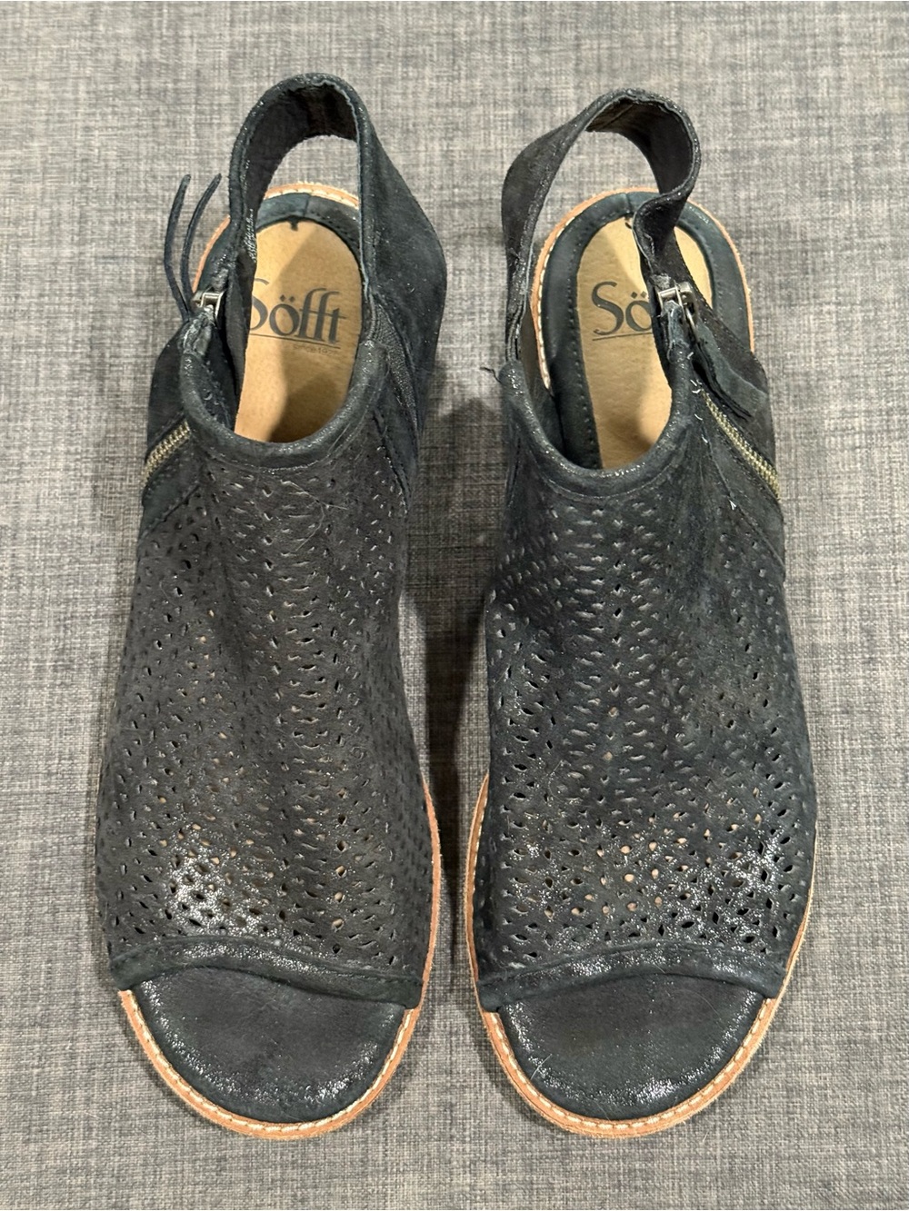 Sofft Nalda Metallic Black Perforated Suede Peep-Toe Slingback Mules